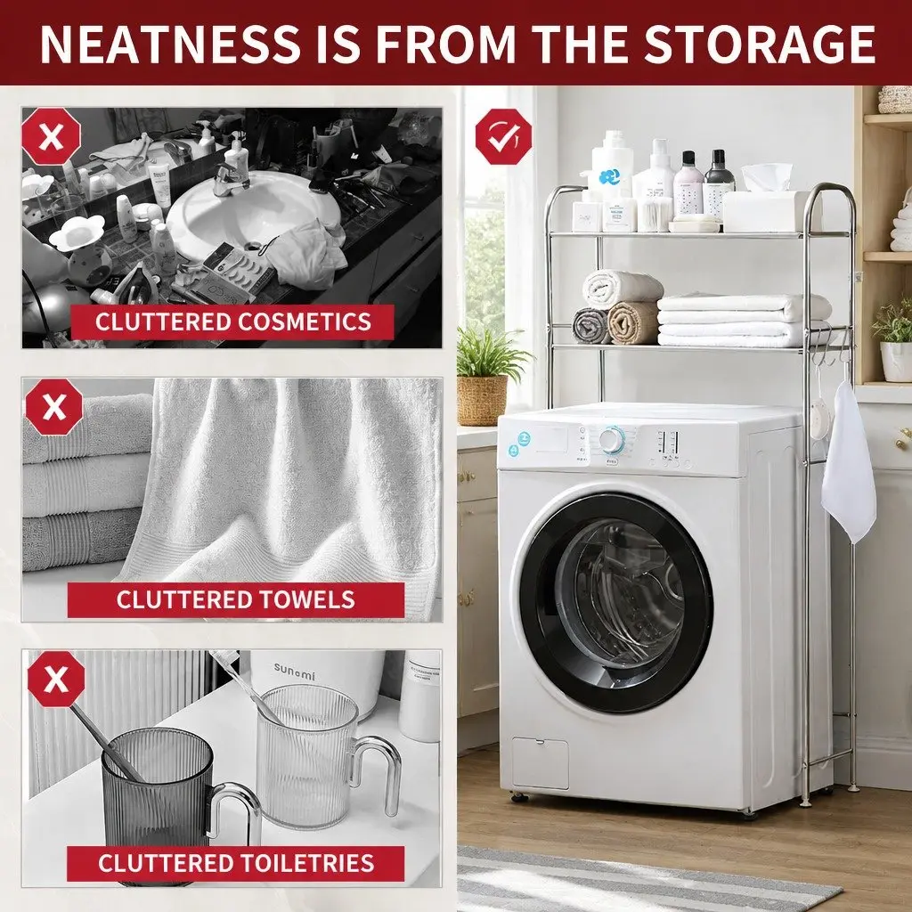 Storage Rack Silver 135x65x25cm 2 Layer Organizer Stand for Laundry Washing Machine