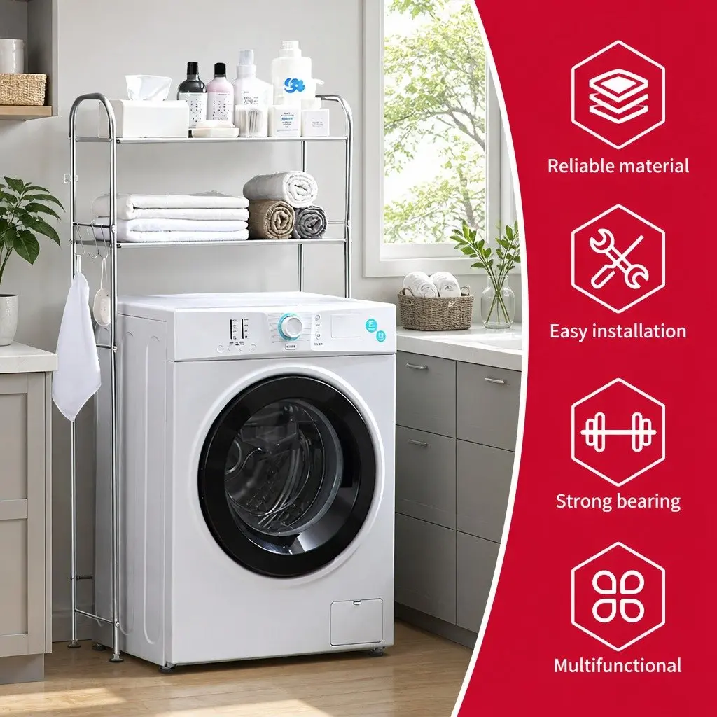 Storage Rack Silver 135x65x25cm 2 Layer Organizer Stand for Laundry Washing Machine