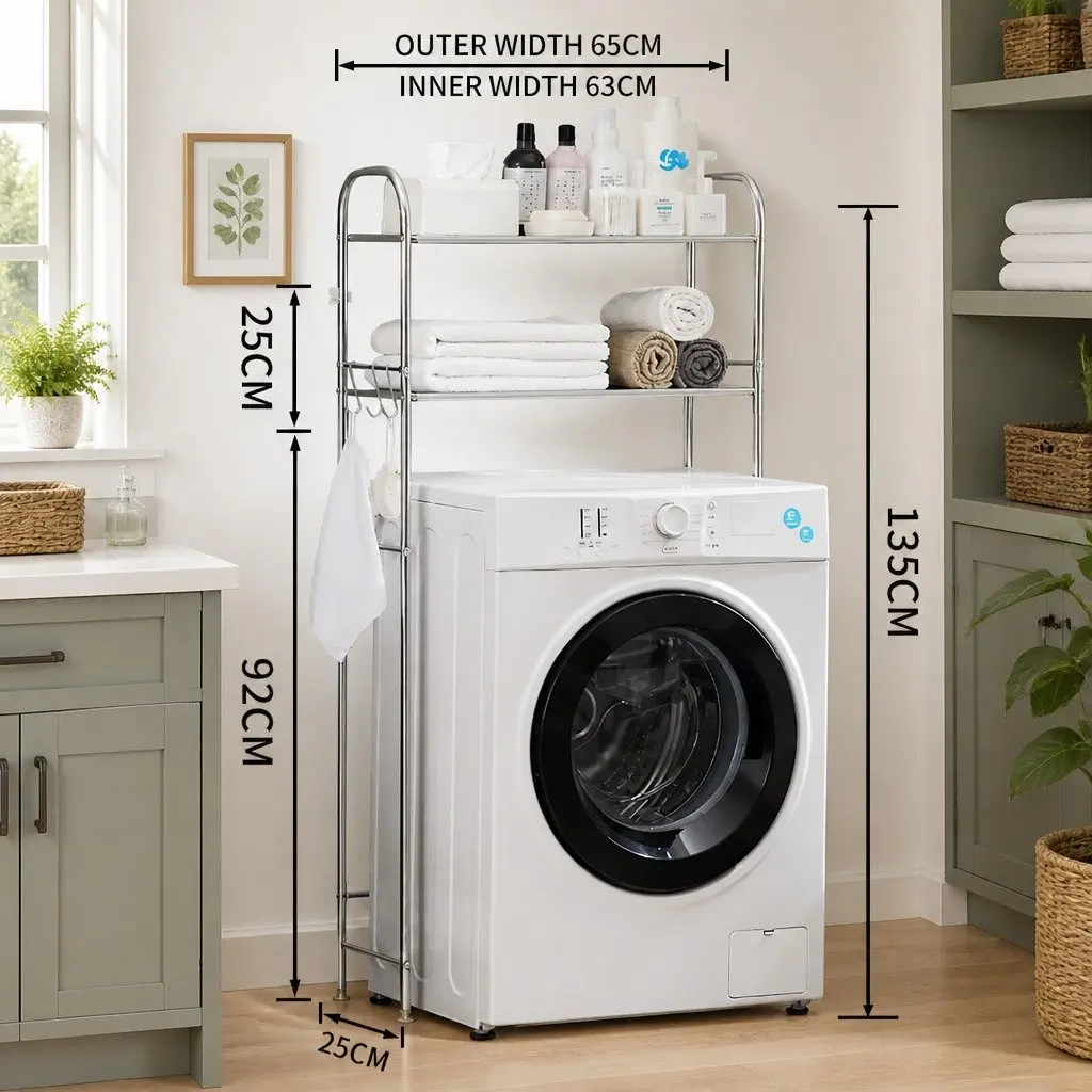 Storage Rack Silver 135x65x25cm 2 Layer Organizer Stand for Laundry Washing Machine