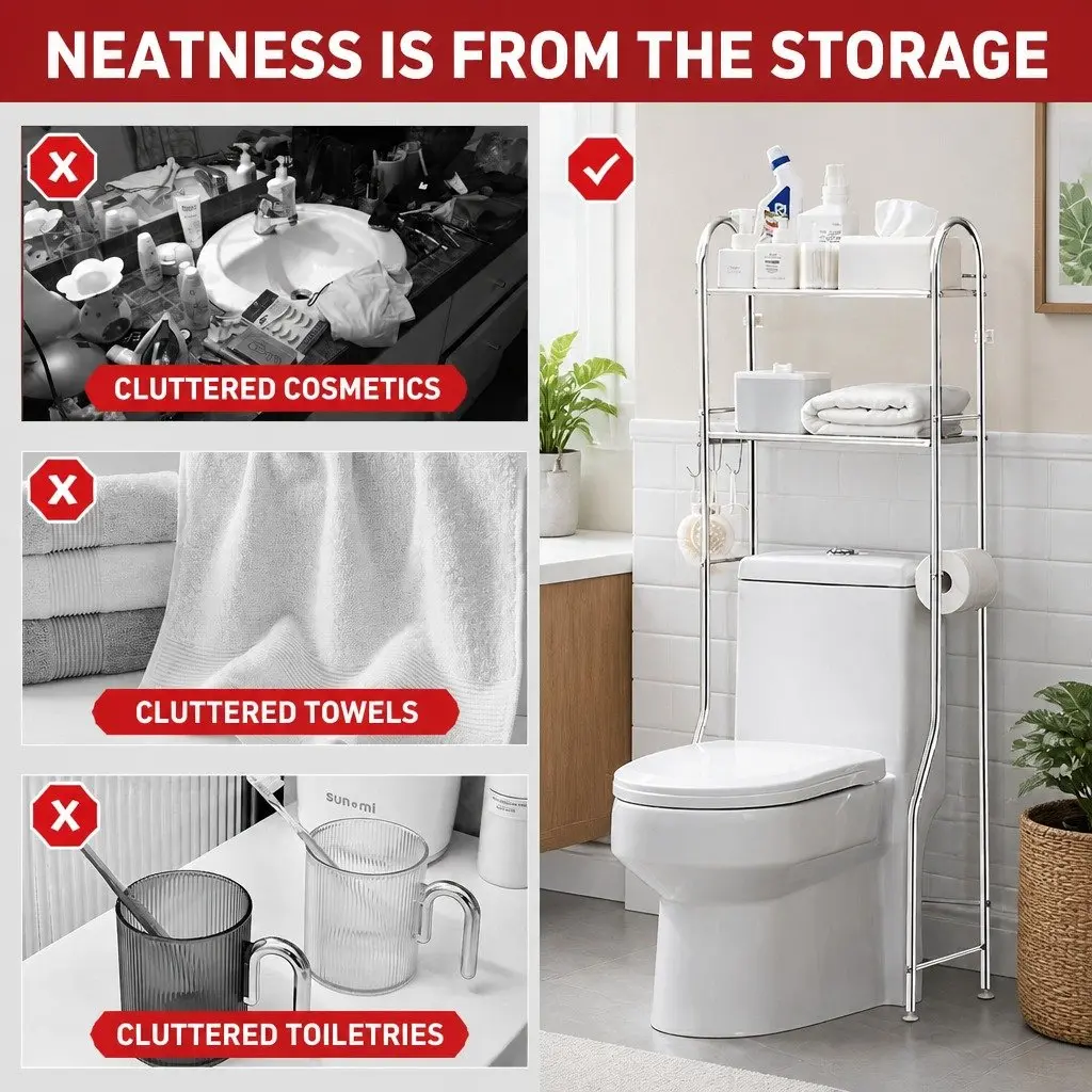 Storage Rack Silver 135x48x25cm 2-Tier Bathroom Shelf Unit Organizer Stand Shelving