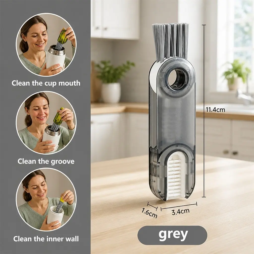 Cup Cleaning Brush Set Grey Blue Green Multi-Purpose Three-in-One Tool for Bottles Sinks and Hard-to-Reach Areas
