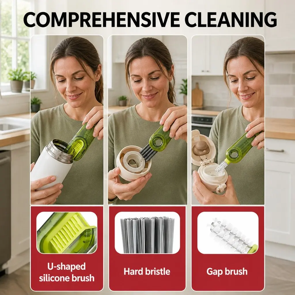 Cup Cleaning Brush Set Grey Blue Green Multi-Purpose Three-in-One Tool for Bottles Sinks and Hard-to-Reach Areas