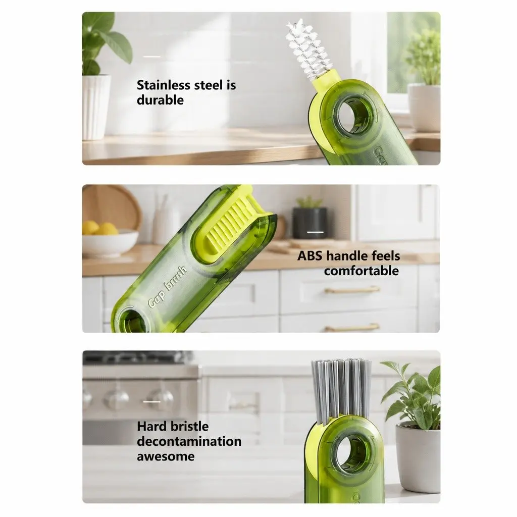 Cup Cleaning Brush Set Grey Blue Green Multi-Purpose Three-in-One Tool for Bottles Sinks and Hard-to-Reach Areas