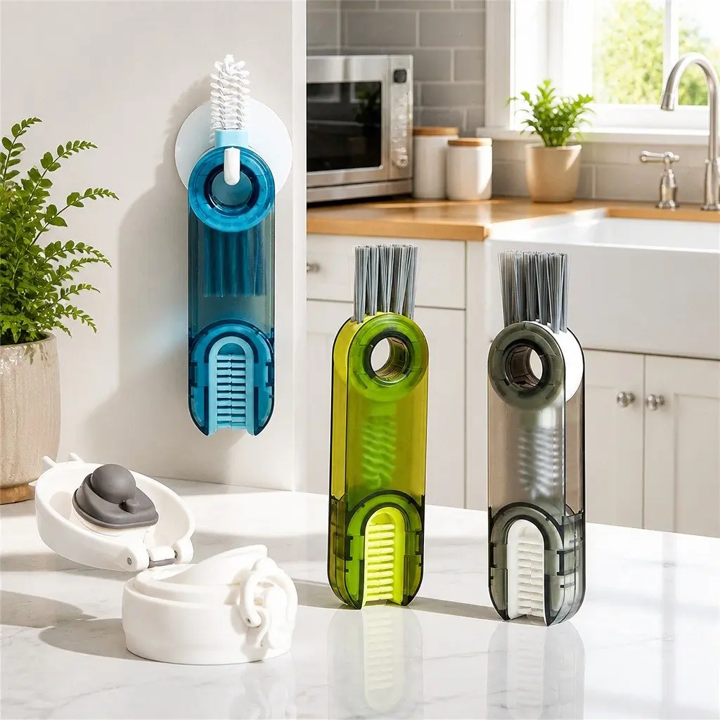 Cup Cleaning Brush Set Grey Blue Green Multi-Purpose Three-in-One Tool for Bottles Sinks and Hard-to-Reach Areas