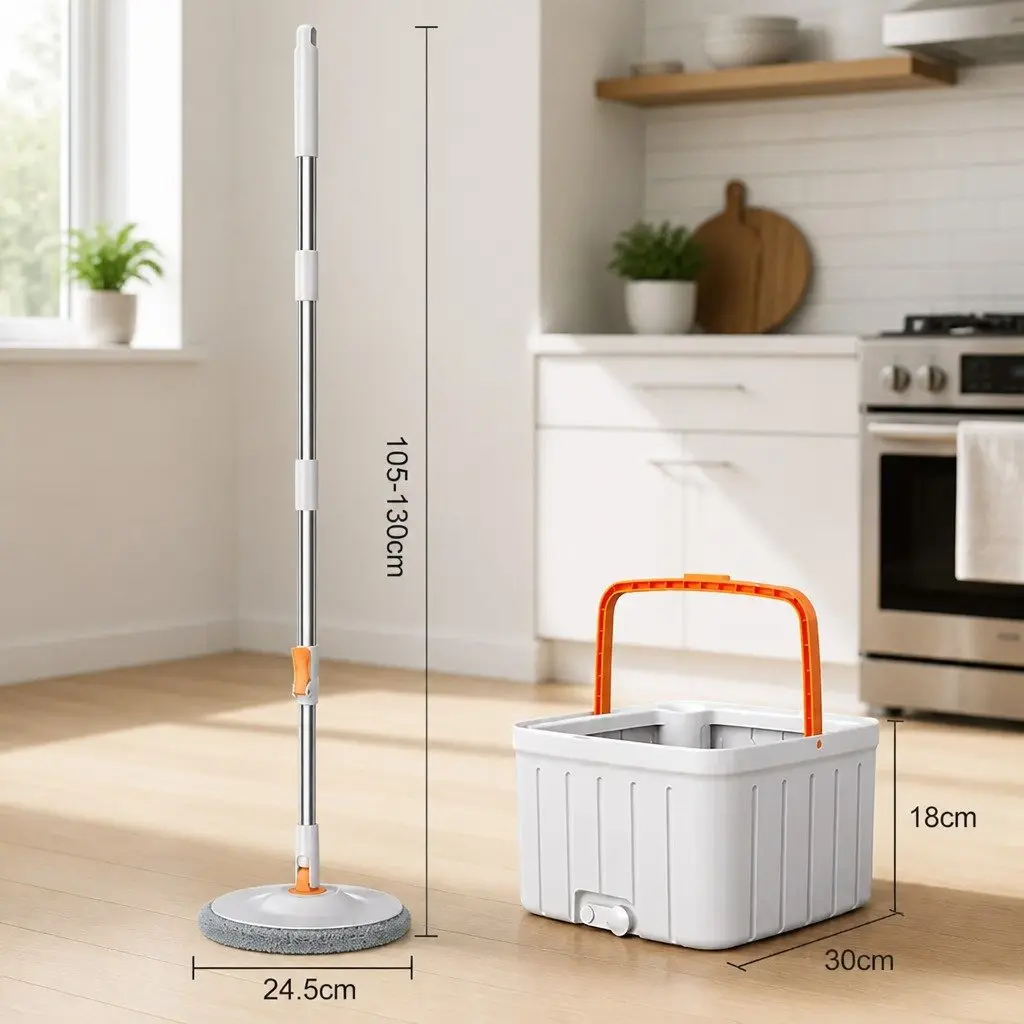 Rotary Flat Mop Orange White 102x18x23cm Hand-Wash-Free Sewage Separation Cleaning System