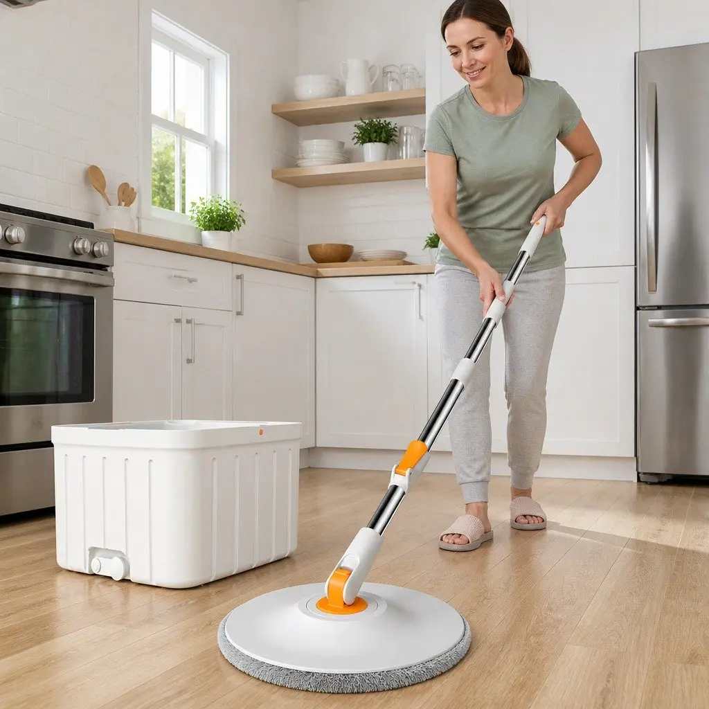 Rotary Flat Mop Orange White 102x18x23cm Hand-Wash-Free Sewage Separation Cleaning System