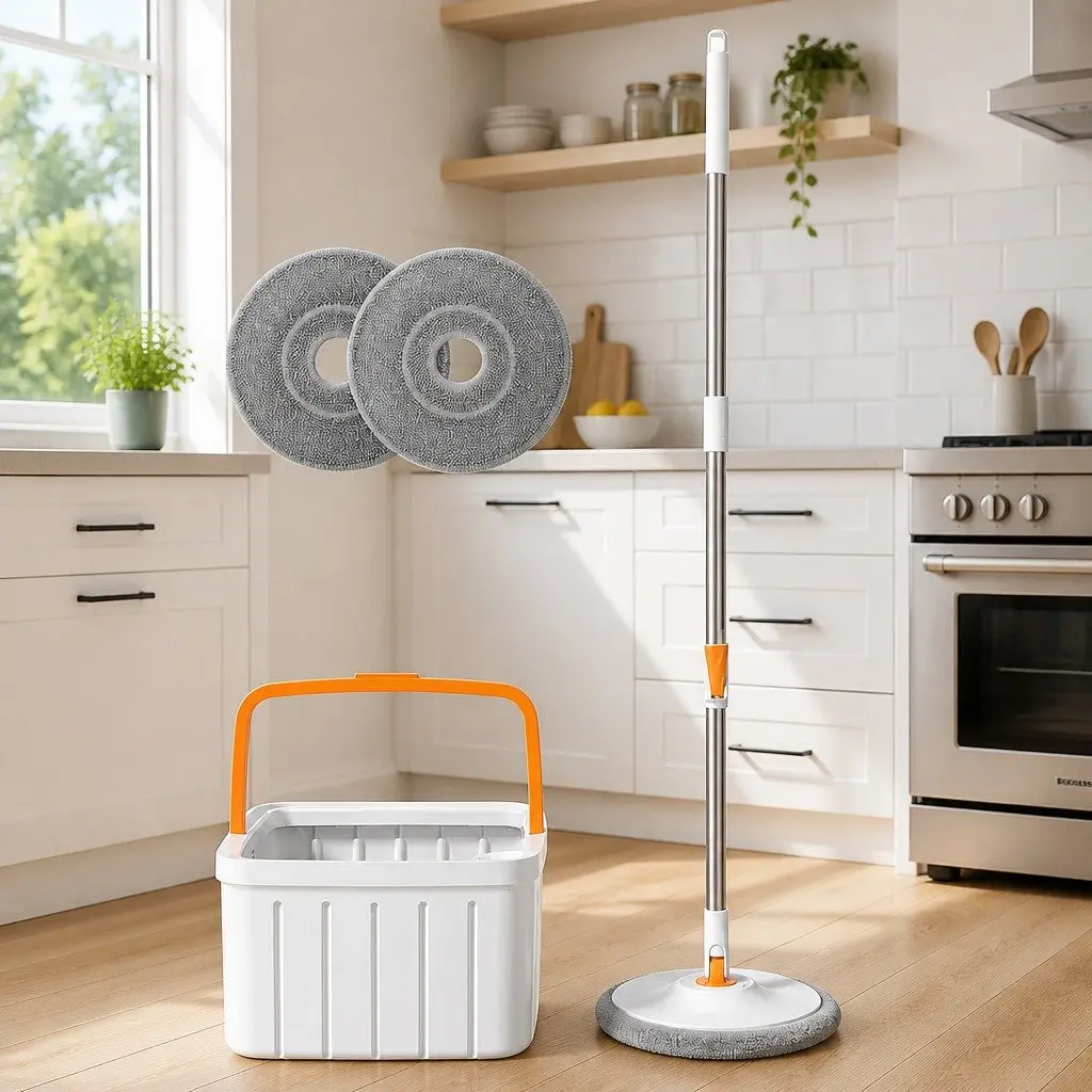 Rotary Flat Mop Orange White 102x18x23cm Hand-Wash-Free Sewage Separation Cleaning System