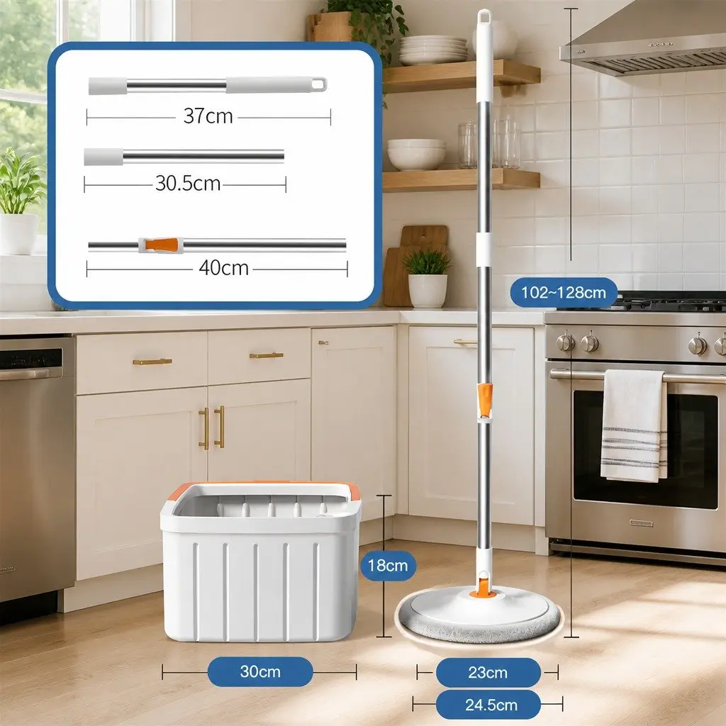 Rotary Flat Mop Orange White 102x18x23cm Hand-Wash-Free Sewage Separation Cleaning System