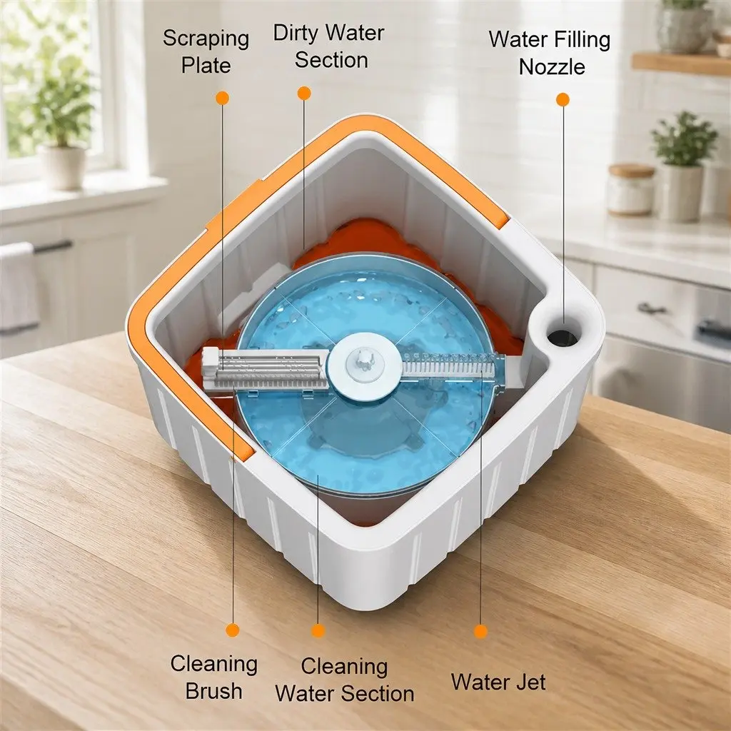 Rotary Flat Mop Orange White 102x18x23cm Hand-Wash-Free Sewage Separation Cleaning System