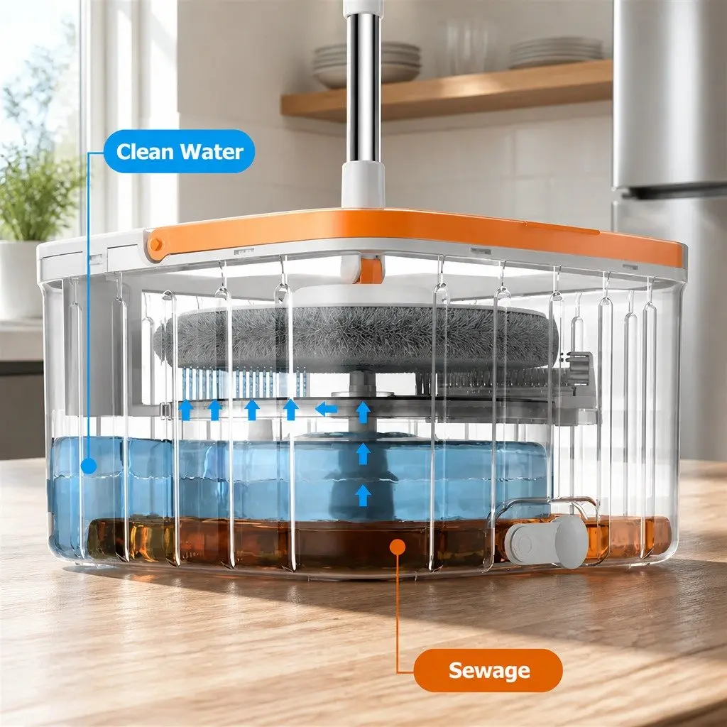 Rotary Flat Mop Orange White 102x18x23cm Hand-Wash-Free Sewage Separation Cleaning System