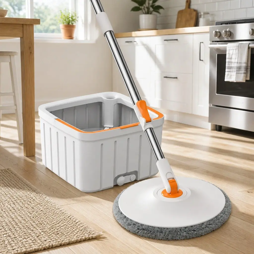 Rotary Flat Mop Orange White 102x18x23cm Hand-Wash-Free Sewage Separation Cleaning System