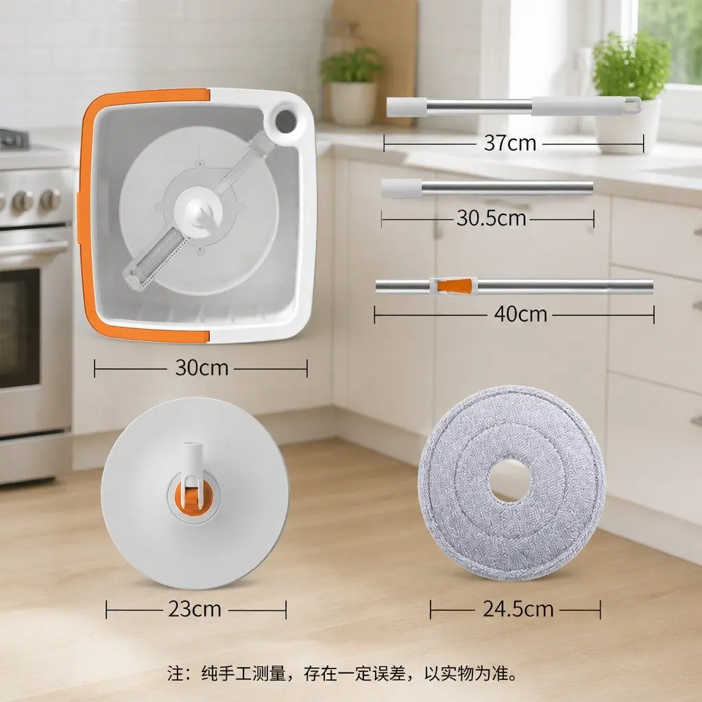 Rotary Flat Mop Orange White 102x18x23cm Hand-Wash-Free Sewage Separation Cleaning System
