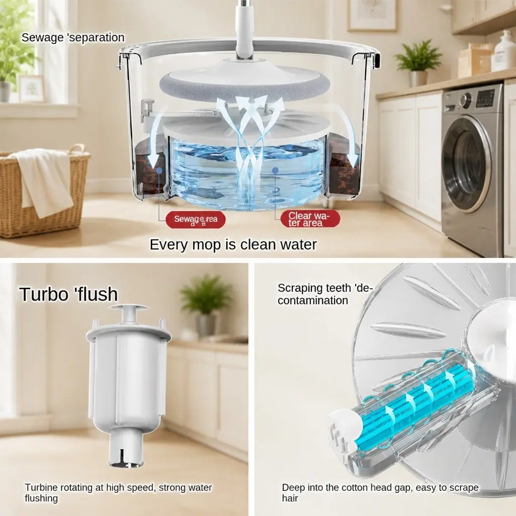Flat Mop Grey White 102x18x23cm Rotary Hand-Wash-Free Sewage Separation Cleaning