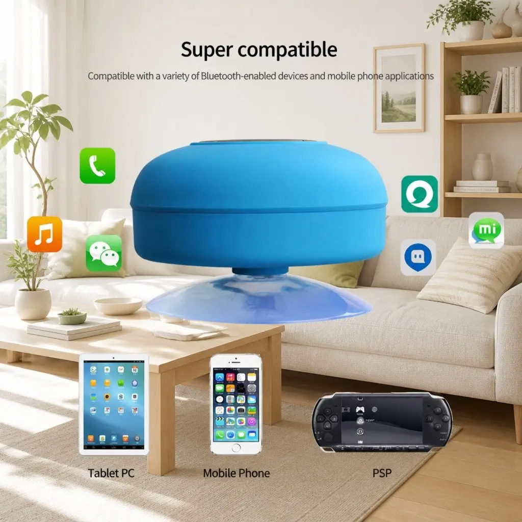 Portable Bluetooth Speaker Blue Waterproof Suction Cup Hands-Free