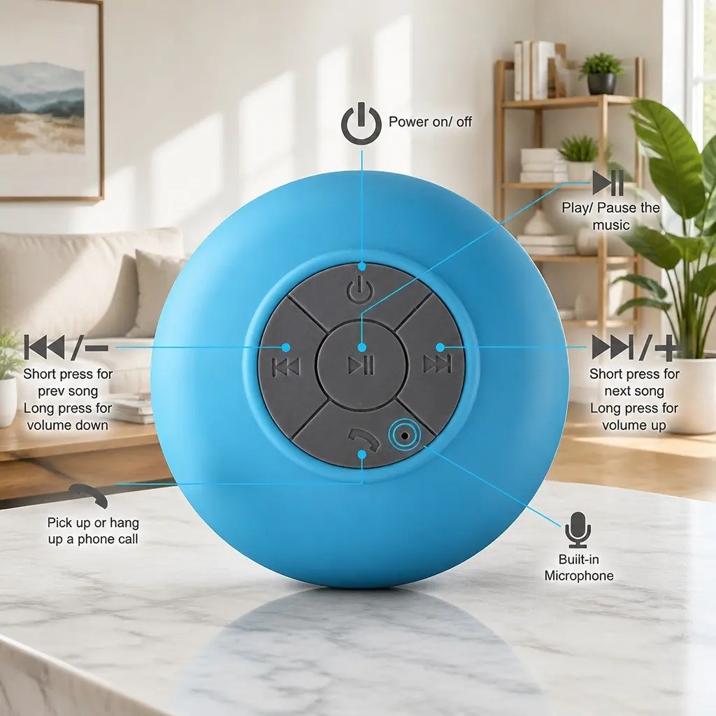 Portable Bluetooth Speaker Blue Waterproof Suction Cup Hands-Free
