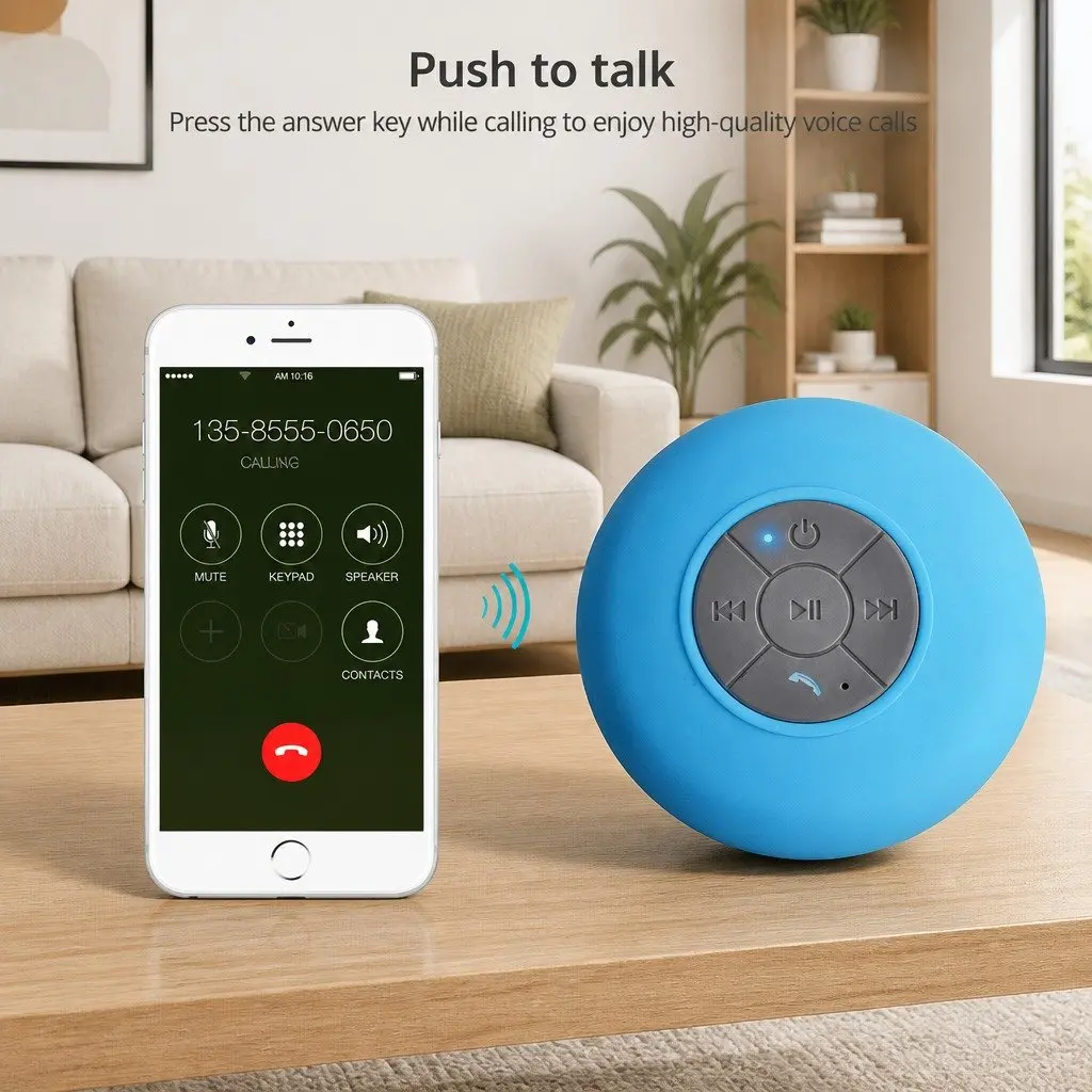Portable Bluetooth Speaker Blue Waterproof Suction Cup Hands-Free