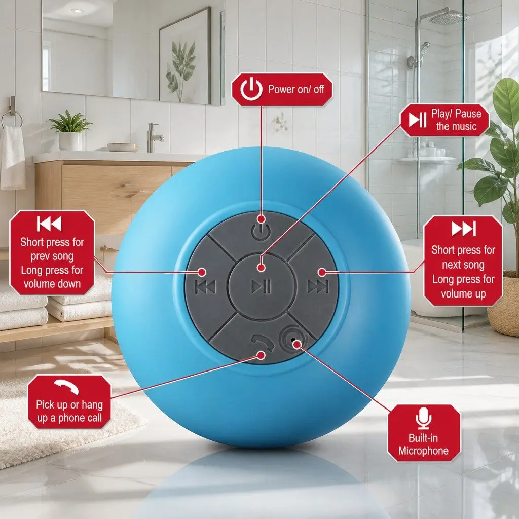 Portable Bluetooth Speaker Red Mini Suction Cup Waterproof Hands-Free