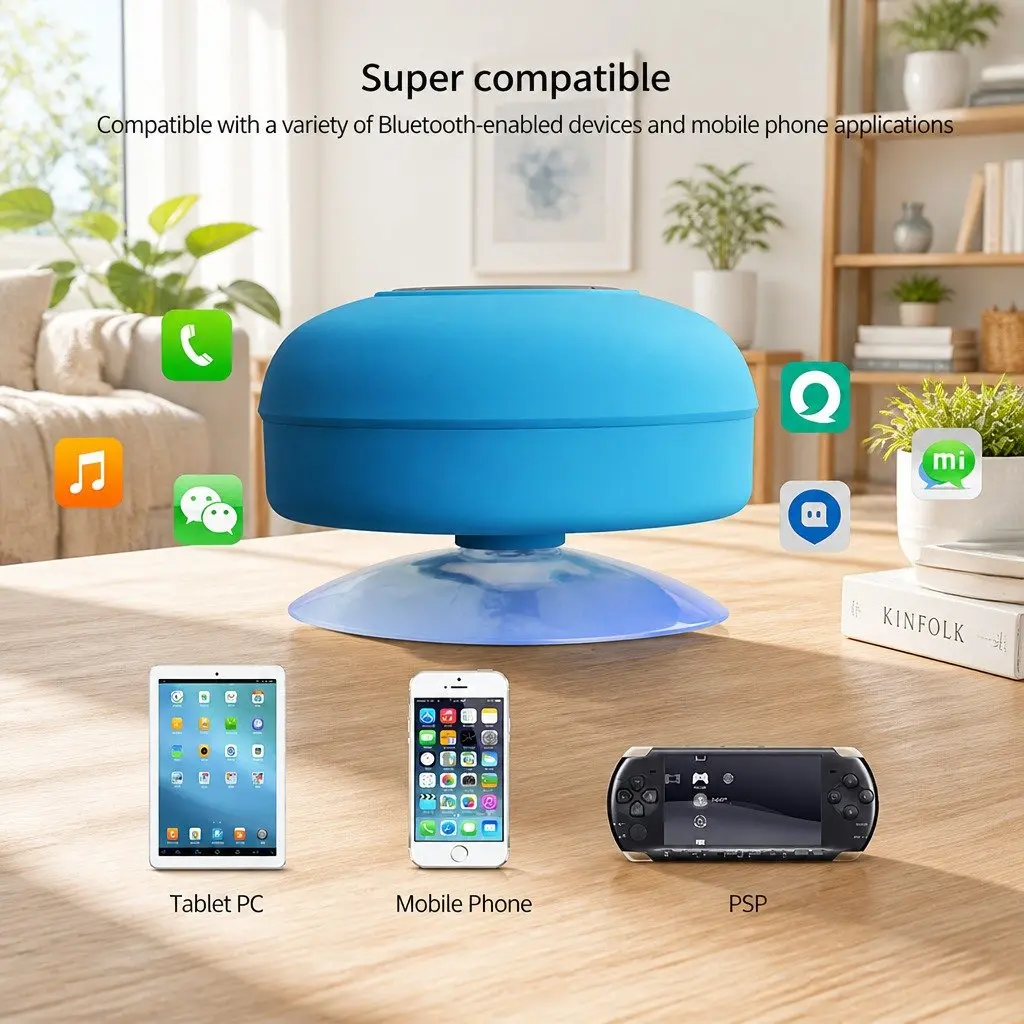 Portable Bluetooth Speaker White Waterproof Suction Cup Hands-Free Music Player