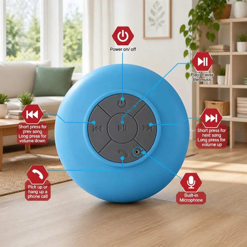 Portable Bluetooth Speaker White Waterproof Suction Cup Hands-Free Music Player