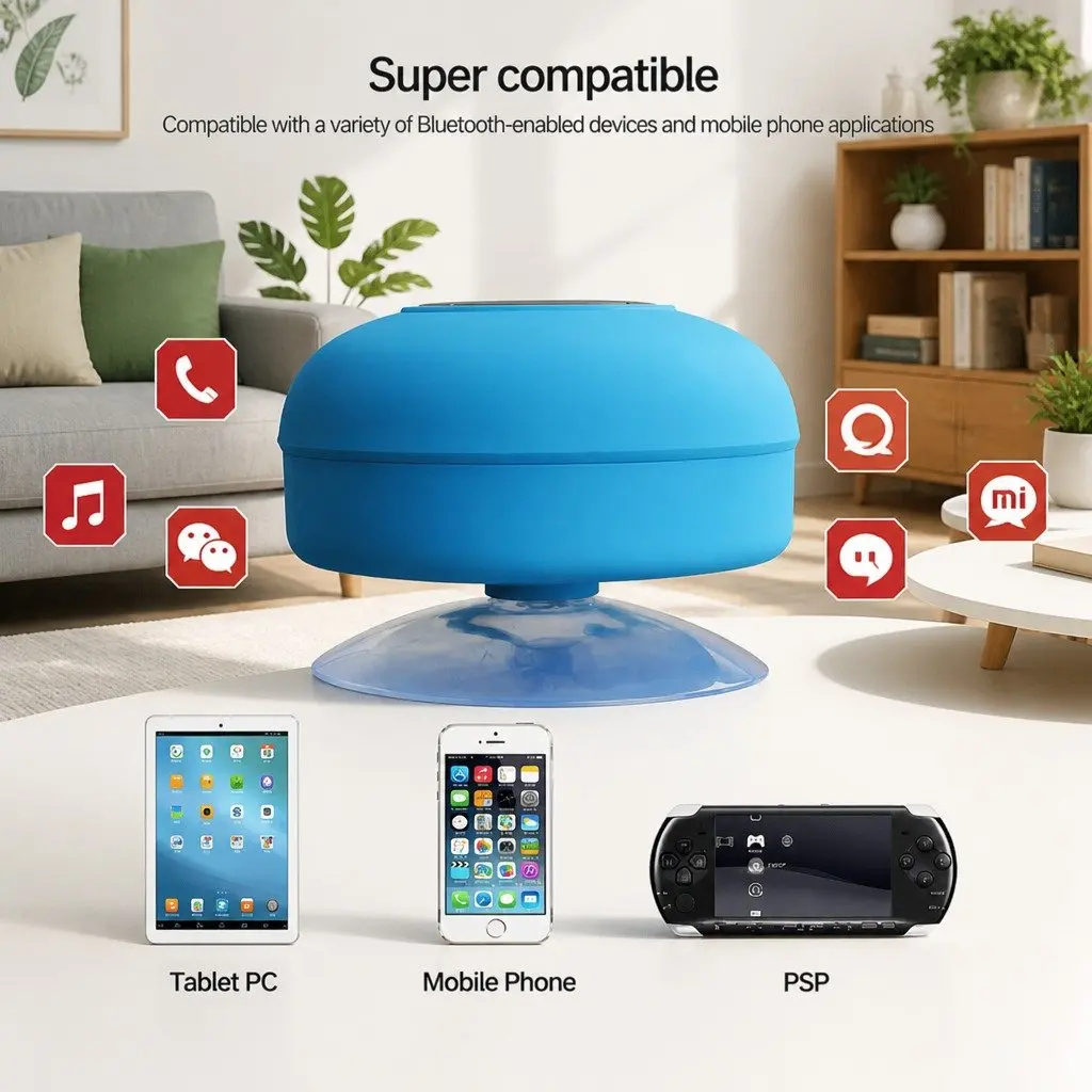 Bluetooth Speaker Yellow Suction Cup Mount Waterproof Hands-Free Music Player