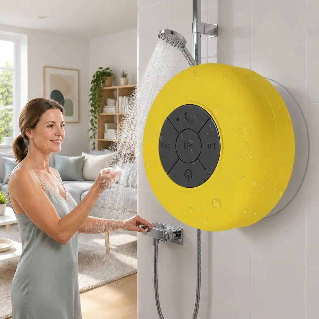 Bluetooth Speaker Yellow Suction Cup Mount Waterproof Hands-Free Music Player
