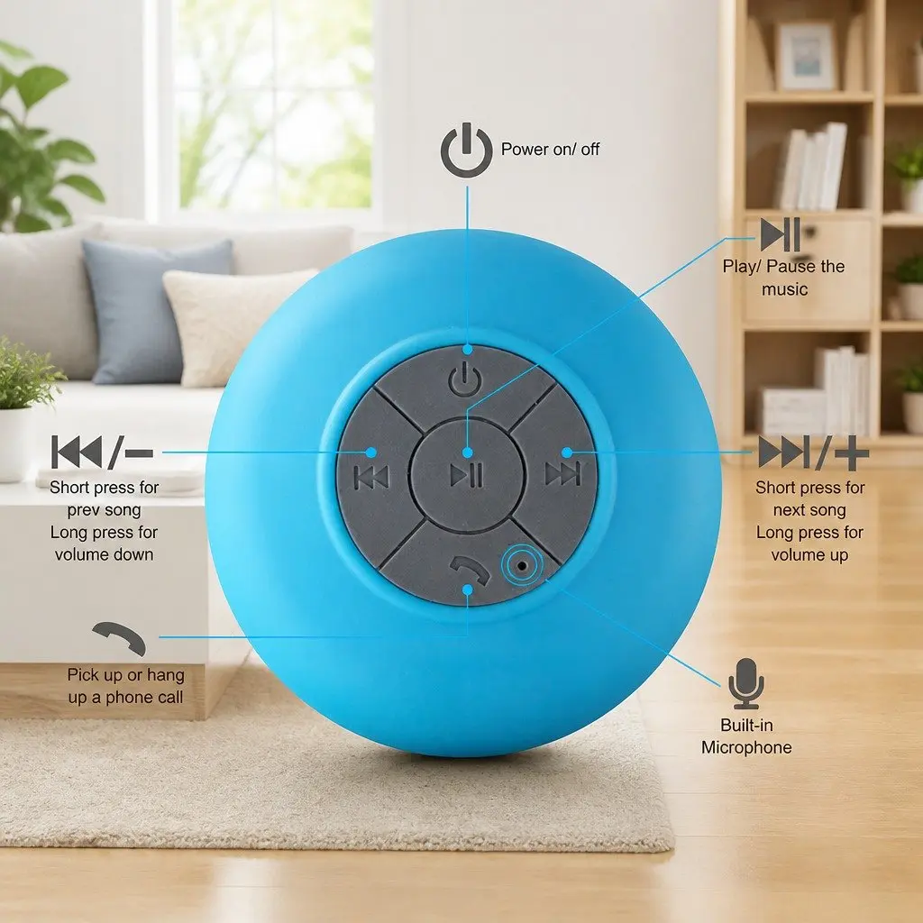 Bluetooth Speaker Yellow Suction Cup Mount Waterproof Hands-Free Music Player