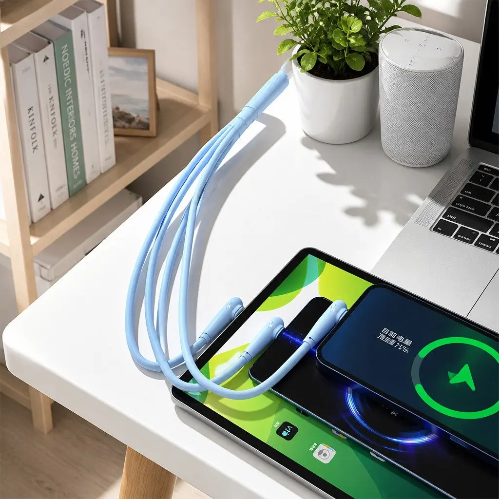 Three-in-One Fast Charging Data Cable Liquid Silicone Elbow Design USB Connector
