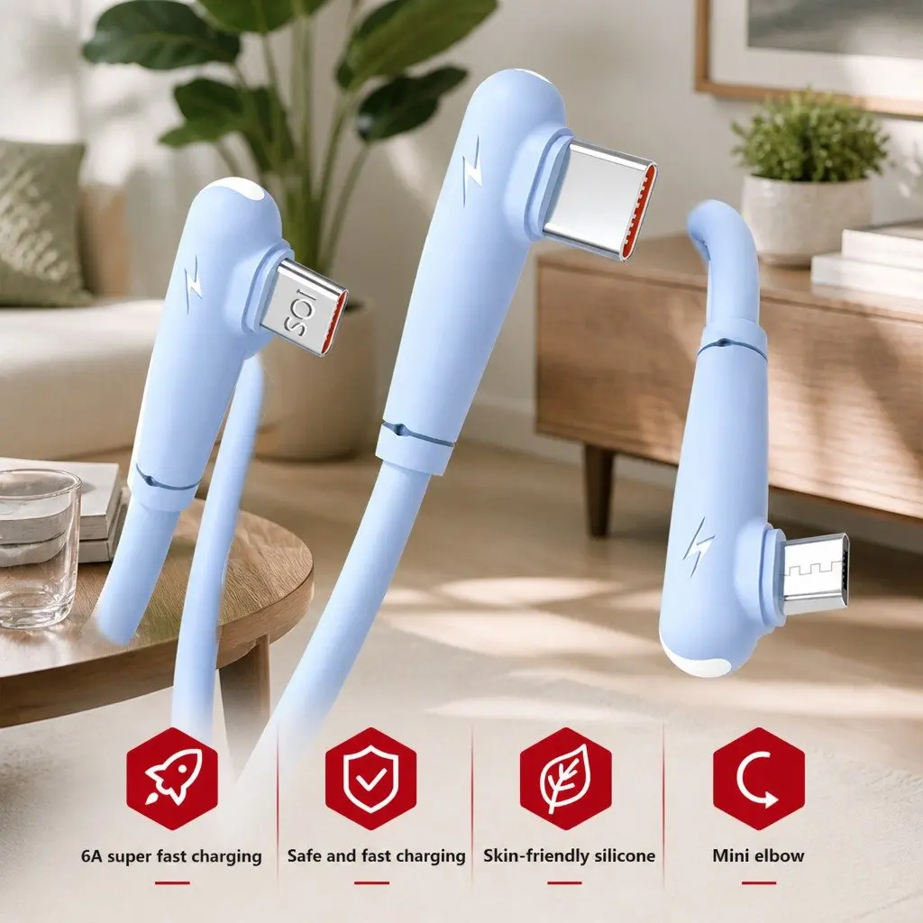 Three-in-One Fast Charging Data Cable Elbow Liquid Silicone Blue