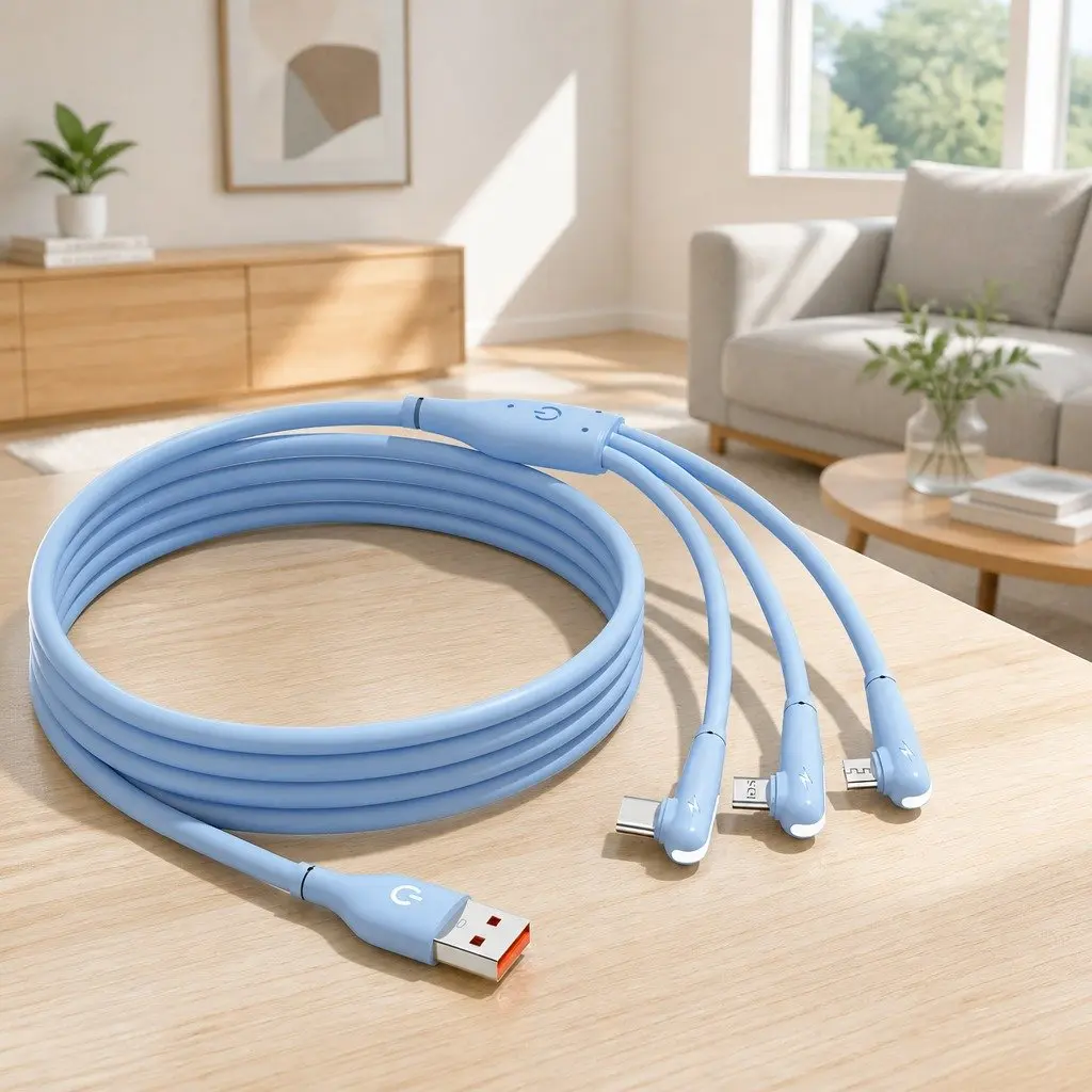 66W Fast Charging Three-in-One Data Cable Elbow Liquid Silicone Blue