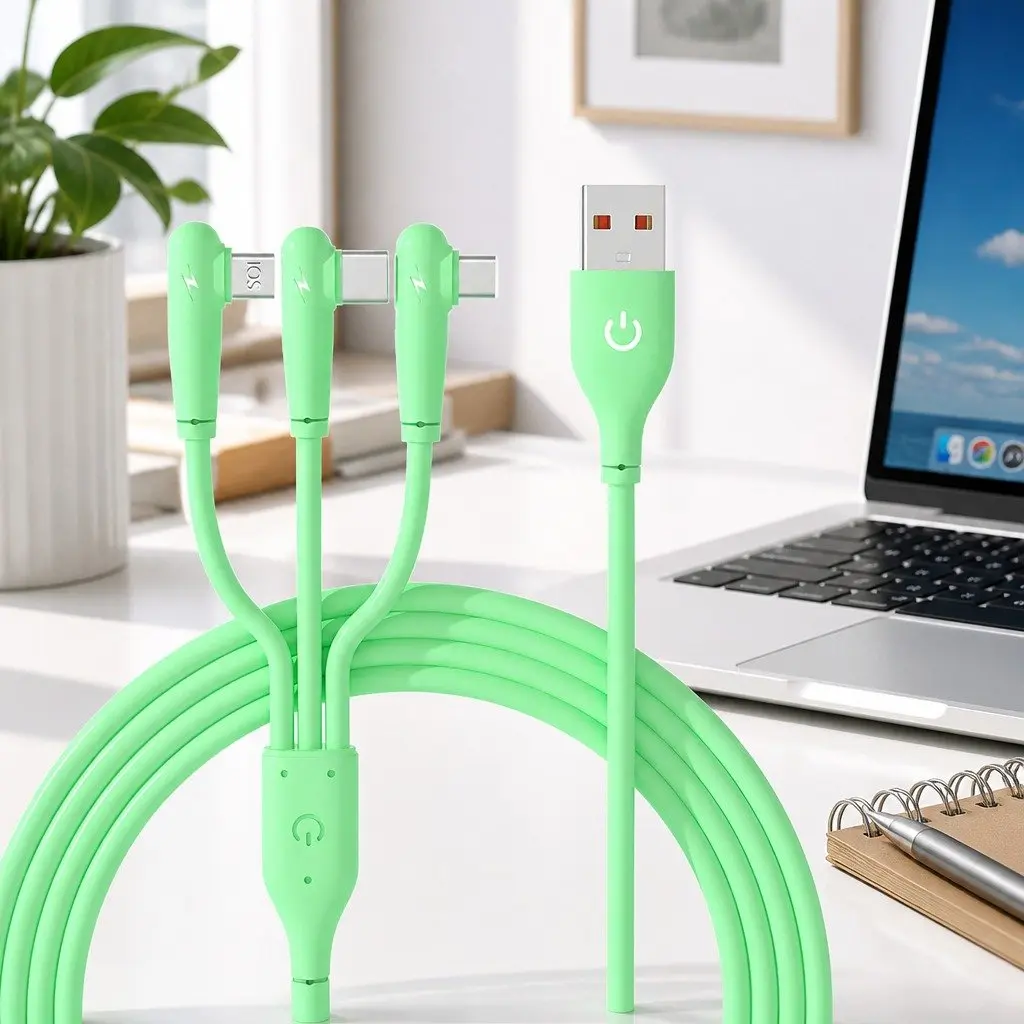 Elbow Three-in-One Fast Charging Data Cable Liquid Silicone Green
