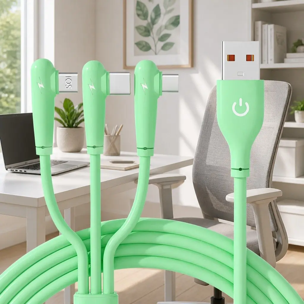 66W Fast Charging Three-In-One Data Cable Elbow Liquid Silicone Green
