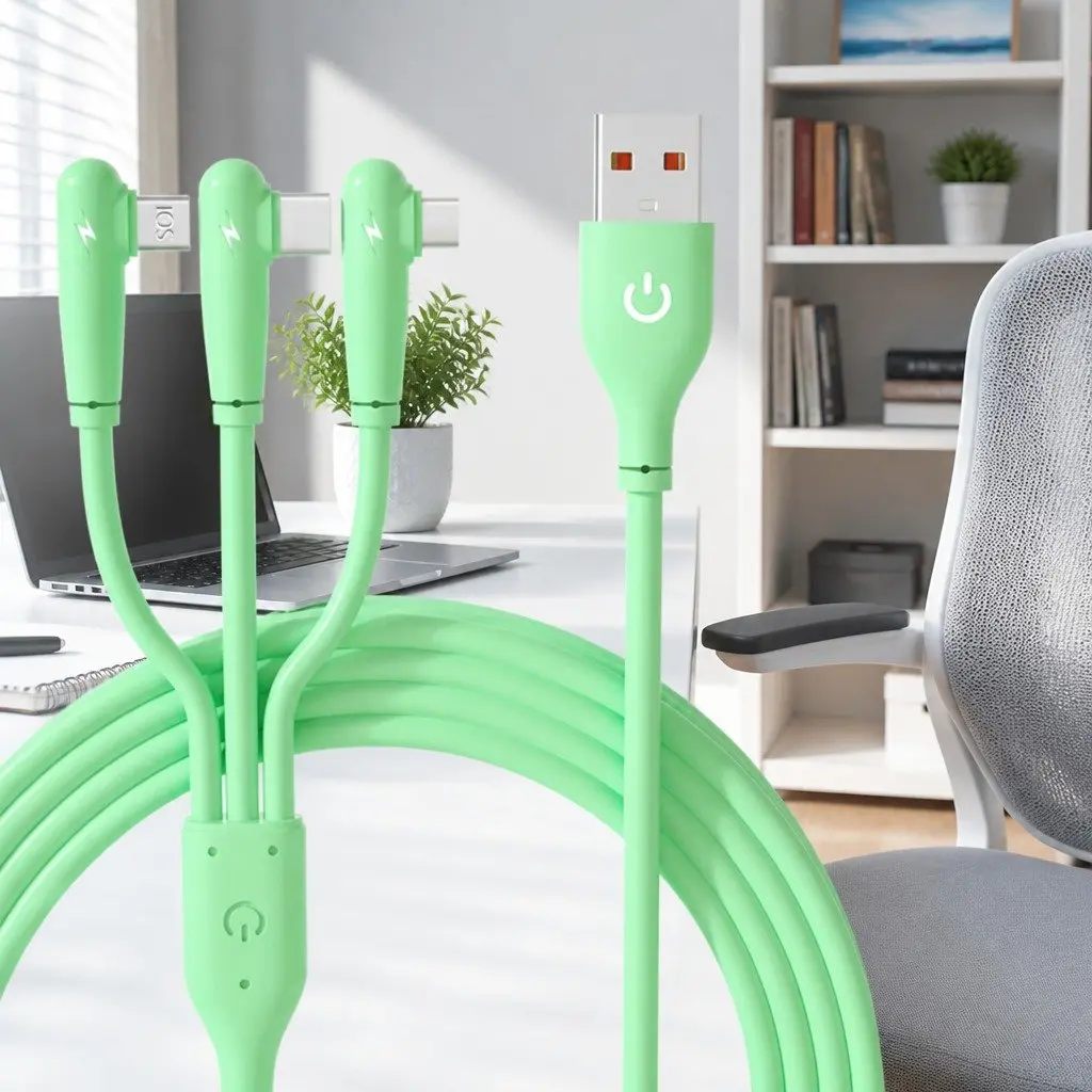 66W Fast Charging Three-In-One Data Cable Elbow Liquid Silicone Green