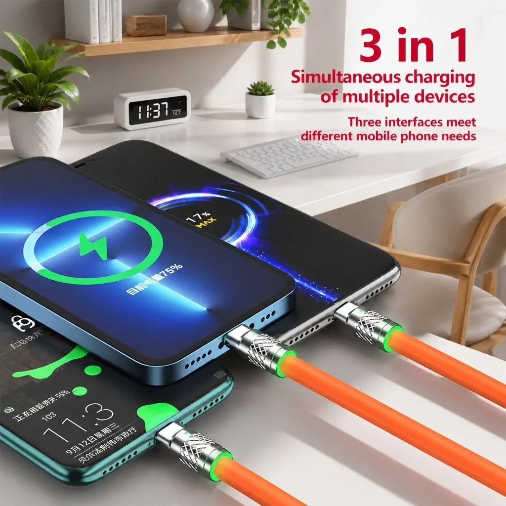 120W Fast Charging Cable Three-In-One Data Line Yellow