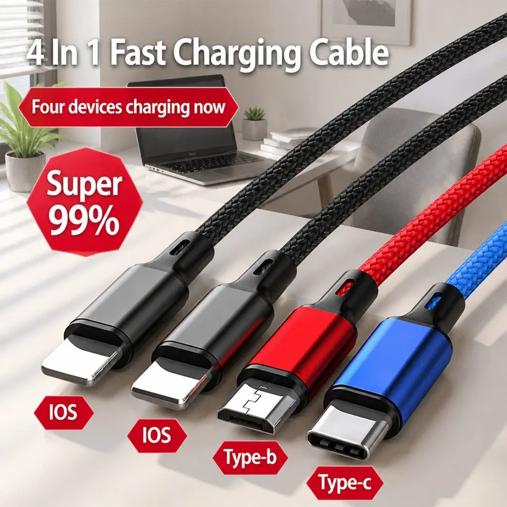 4-in-1 USB Charging Cable Nylon Woven Super Fast Charge Multi Device Connector