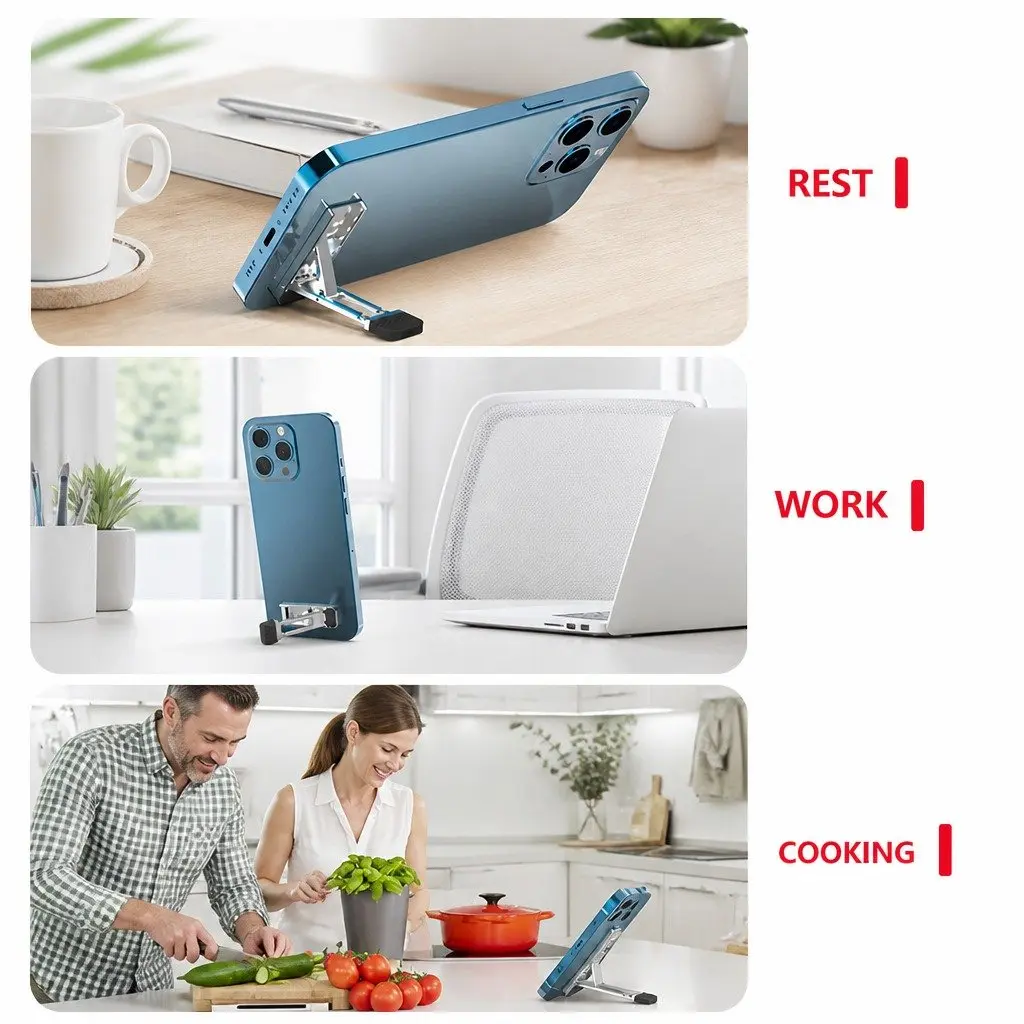 Metal Phone Holder Silver Portable Folding Adjustable Multi-Function