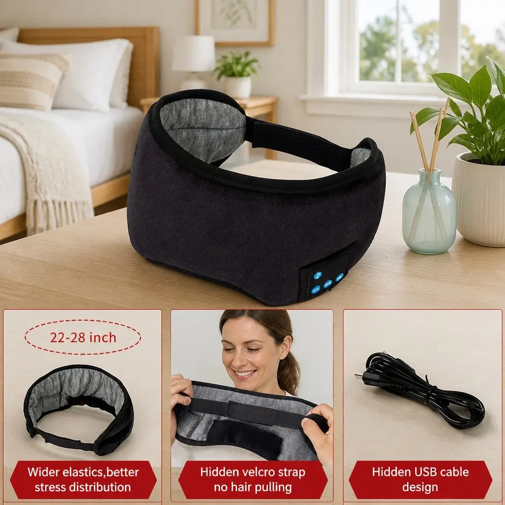 Bluetooth Eye Mask Headphones Grey 13x16.5x6cm Wireless Stereo for Sleep Music Relaxation