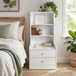 Compact Nightstand with 3 Shelves and Storage Drawers