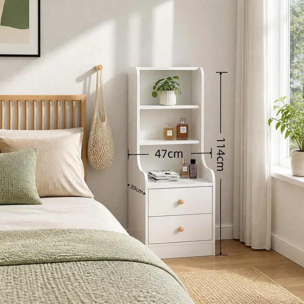Bedside Table Warm White 114 cm 3 Open Shelves 2 Drawers