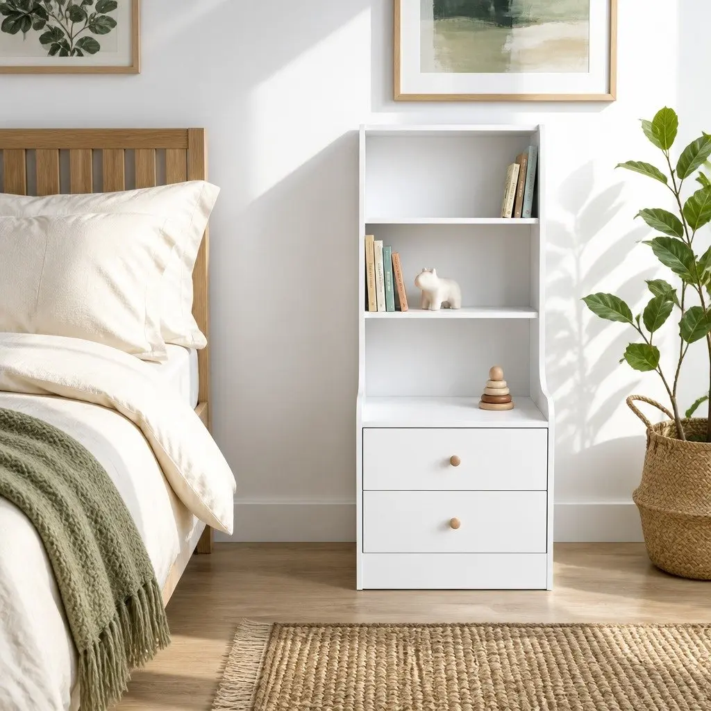 Bedside Table Warm White 114 cm 3 Open Shelves 2 Drawers