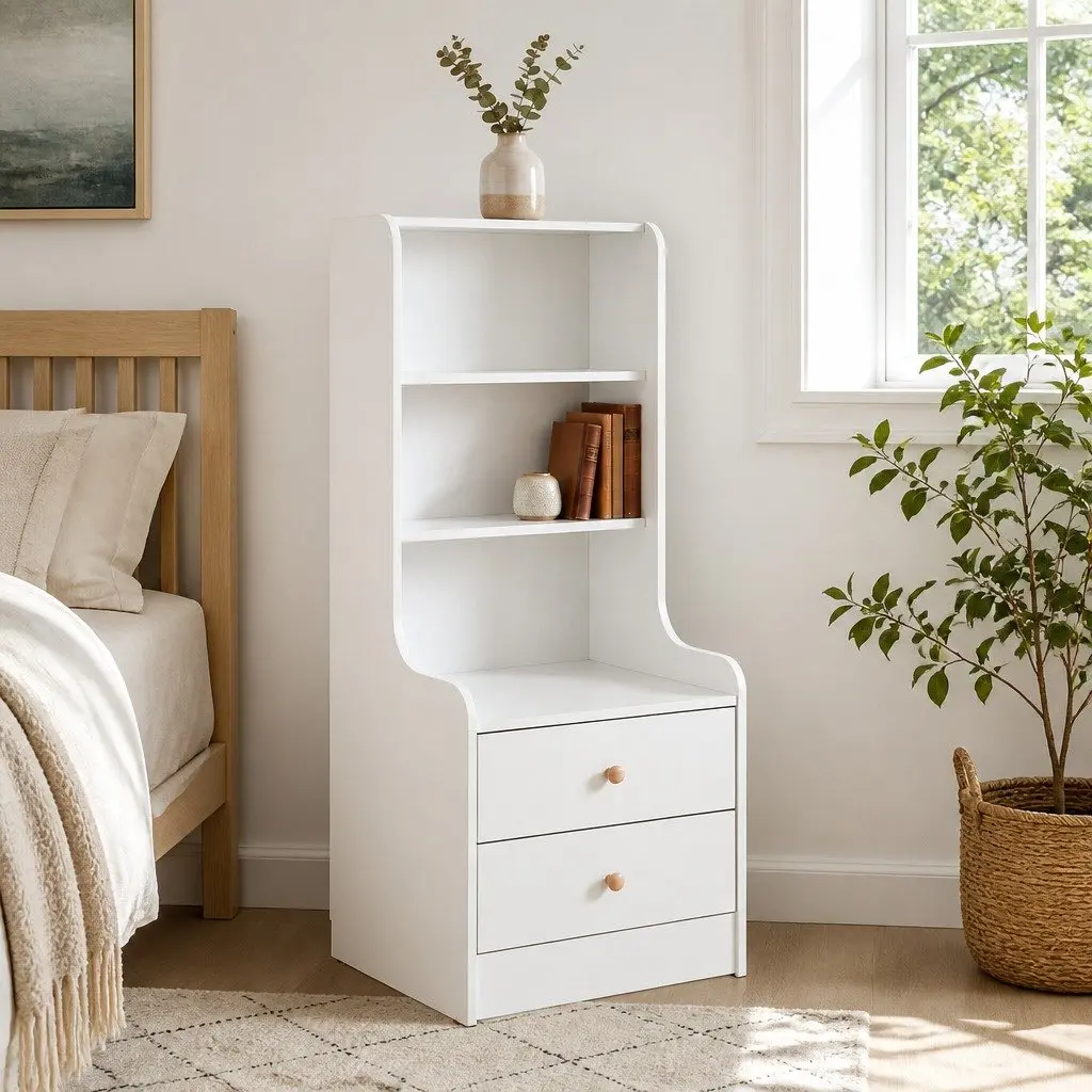 Bedside Table Warm White 114 cm 3 Open Shelves 2 Drawers