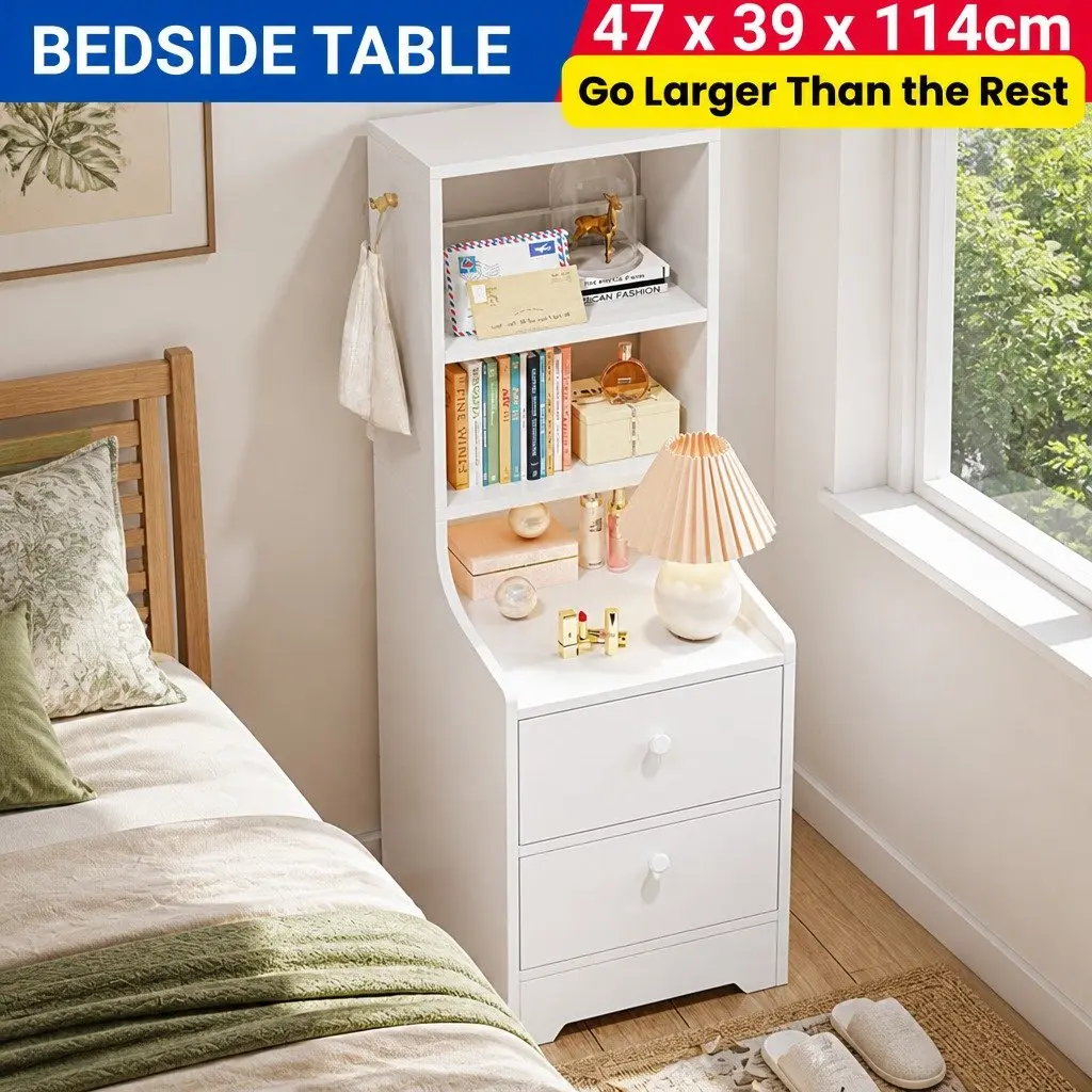 Bedside Table Warm White 114 cm 3 Open Shelves 2 Drawers