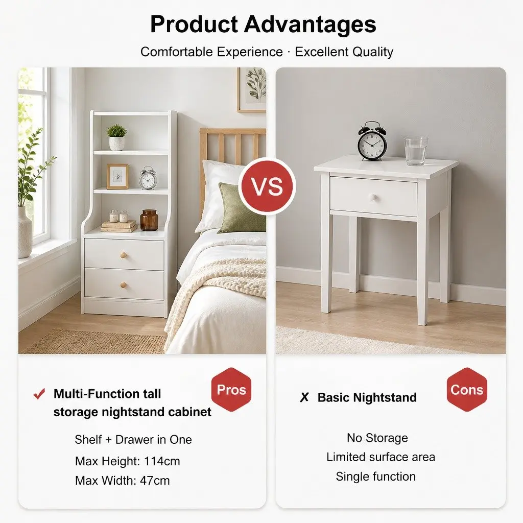 Bedside Table Warm White 114 cm 3 Open Shelves 2 Drawers