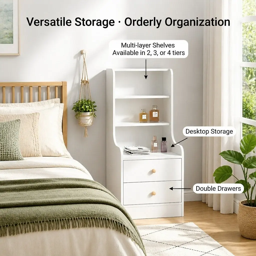 Bedside Table Warm White 114 cm 3 Open Shelves 2 Drawers