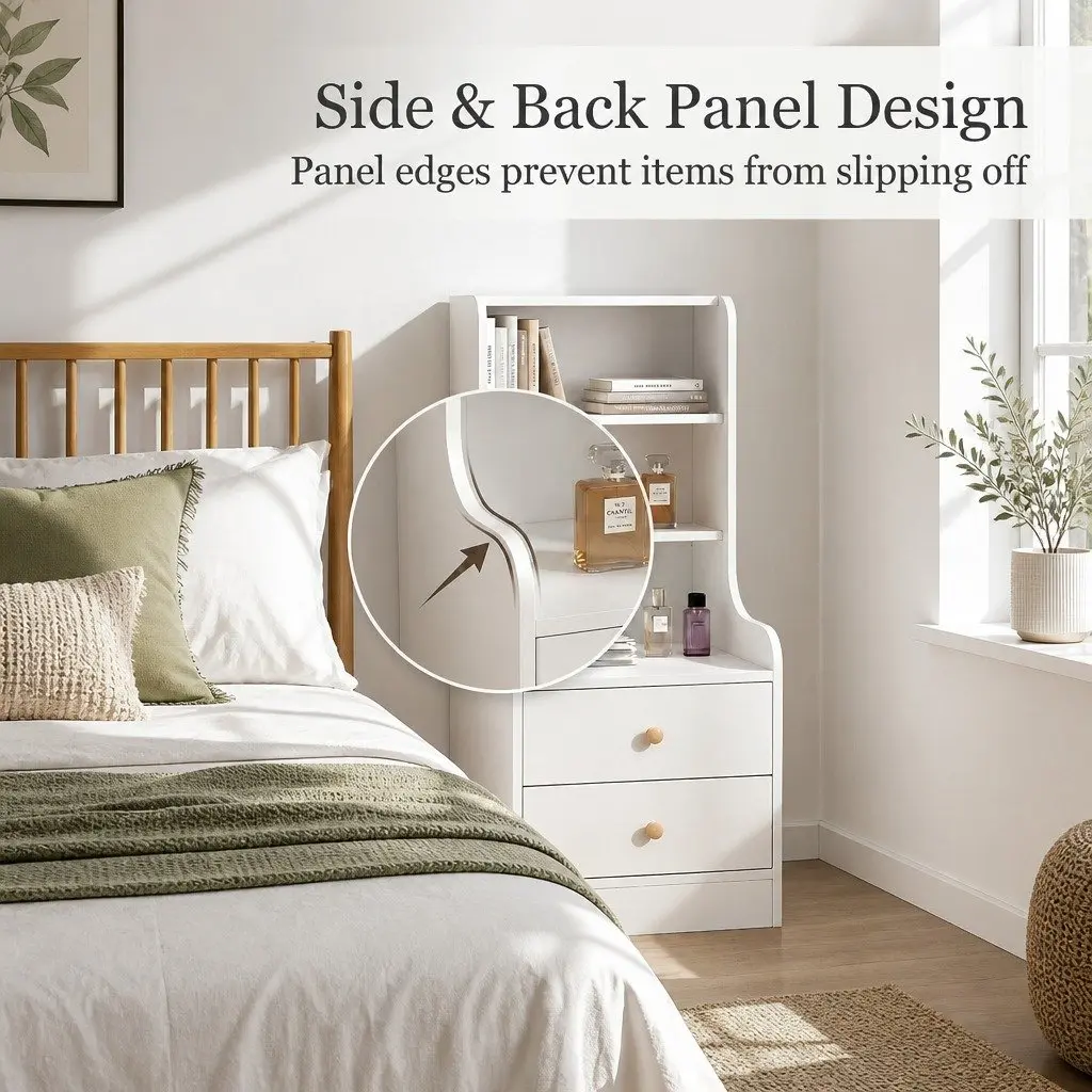Bedside Table Warm White 114 cm 3 Open Shelves 2 Drawers