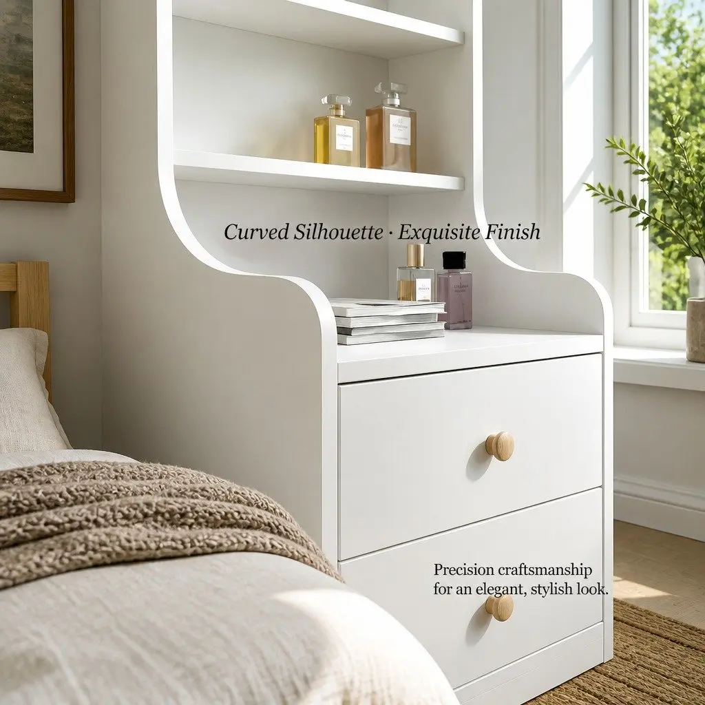 Bedside Table Warm White 114 cm 3 Open Shelves 2 Drawers
