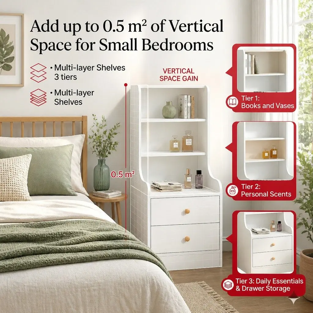 Bedside Table Warm White 114 cm 3 Open Shelves 2 Drawers