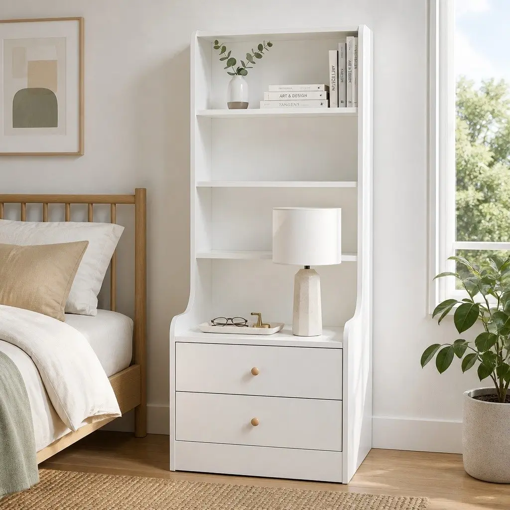 White Nightstand with Storage and Display Options