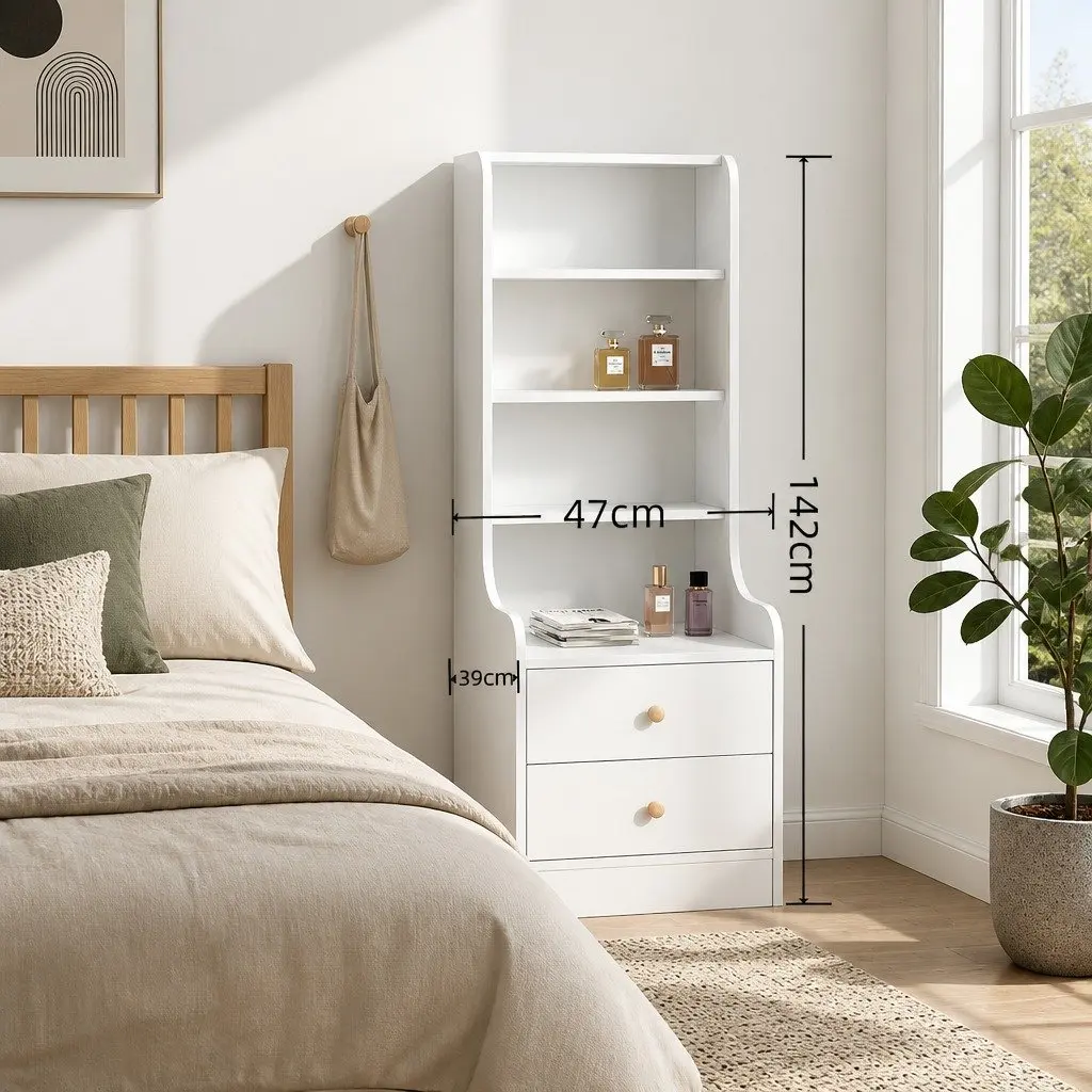 Bedside Table Nightstand with Drawers Tall Minimalist Storage Cabinet White