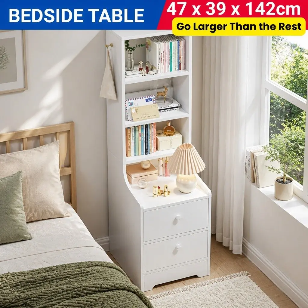 Bedside Table Nightstand with Drawers Tall Minimalist Storage Cabinet White