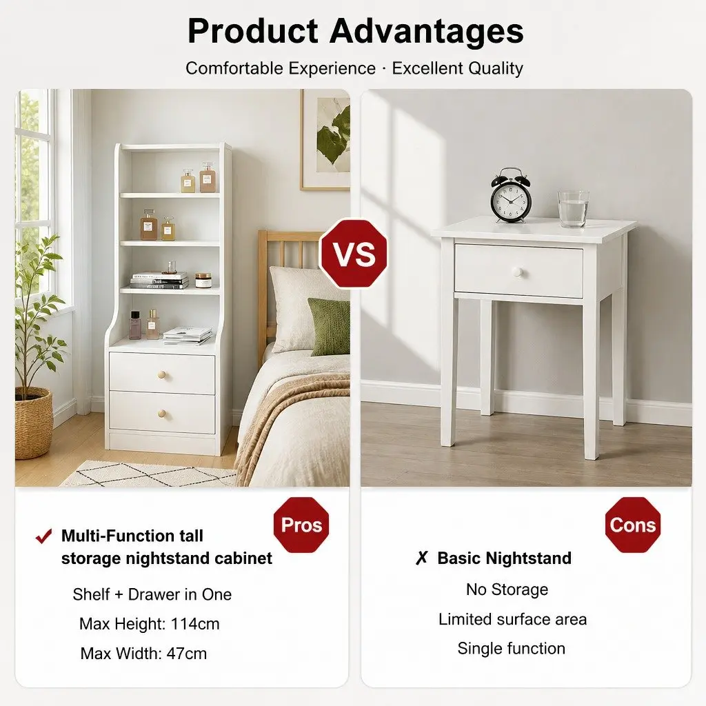 Bedside Table Nightstand with Drawers Tall Minimalist Storage Cabinet White